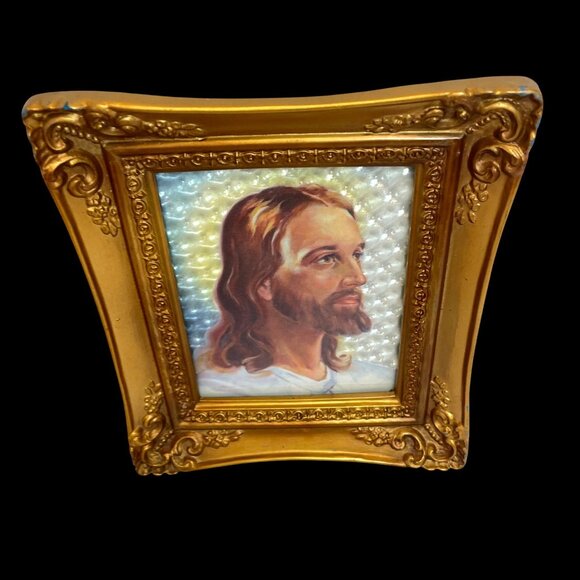 Vintage Jesus Portrait In Ornate Gold Frame With Textured Background 8" X 6" Rel - Picture 5 of 11